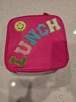 Pink Lunch Bag wivth Happy Face and  Letter Patches