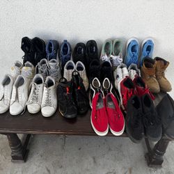19 pairs of Men Sneakers, shoes, and boots ranging in size from 9-12   Shoes sold as is   Pumas  Hilfiger  Vans Jordans Timberlands And More  $55 OBO 