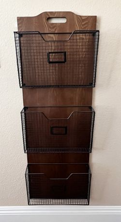 Farmhouse Wall Mounted Storage Rack with 3 Metal Wire Basket Organizer