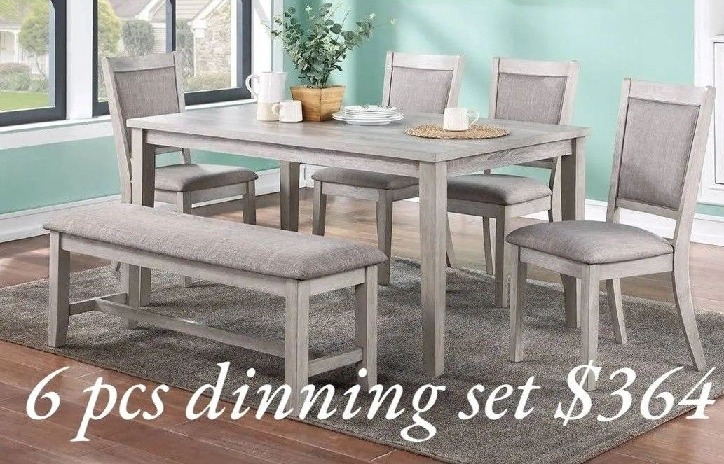 ✅️✅️6 pcs light grey finish wood dining table set padded seat chairs and bench ✅️ Dining sets