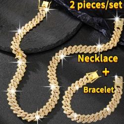 2 Pcs Fully Iced Thick 14K  Gold Plated Cubic Zirconia Maimi Cuban Link 24 Inches Necklace And Bracelet Set 