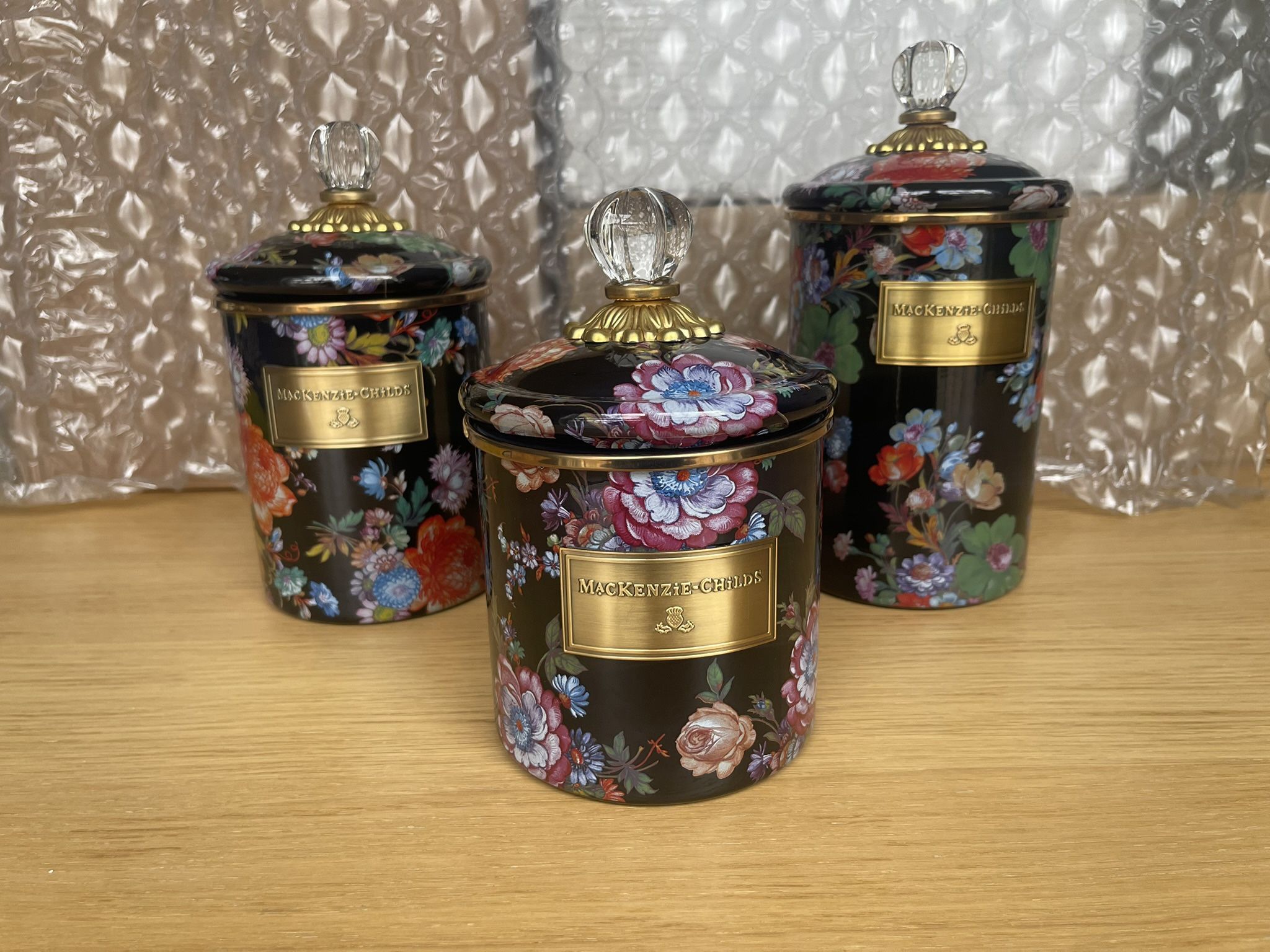 RETIRED-MacKenzie-Childs Black Flower Market Canisters Set of 3 NEW w/Safety BOX