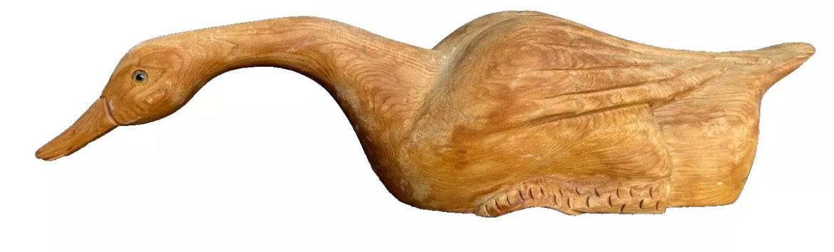 Vintage Light Wood Carved Long Neck Goose Glass Eyes 14"L x3.5" T Collectible
