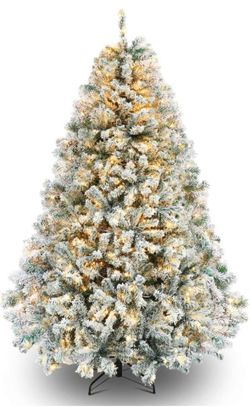 new inbox 6.5ft Pre-Lit Snow Flocked Artificial Christmas Pine Tree with LED Lights and Metal Base Stand