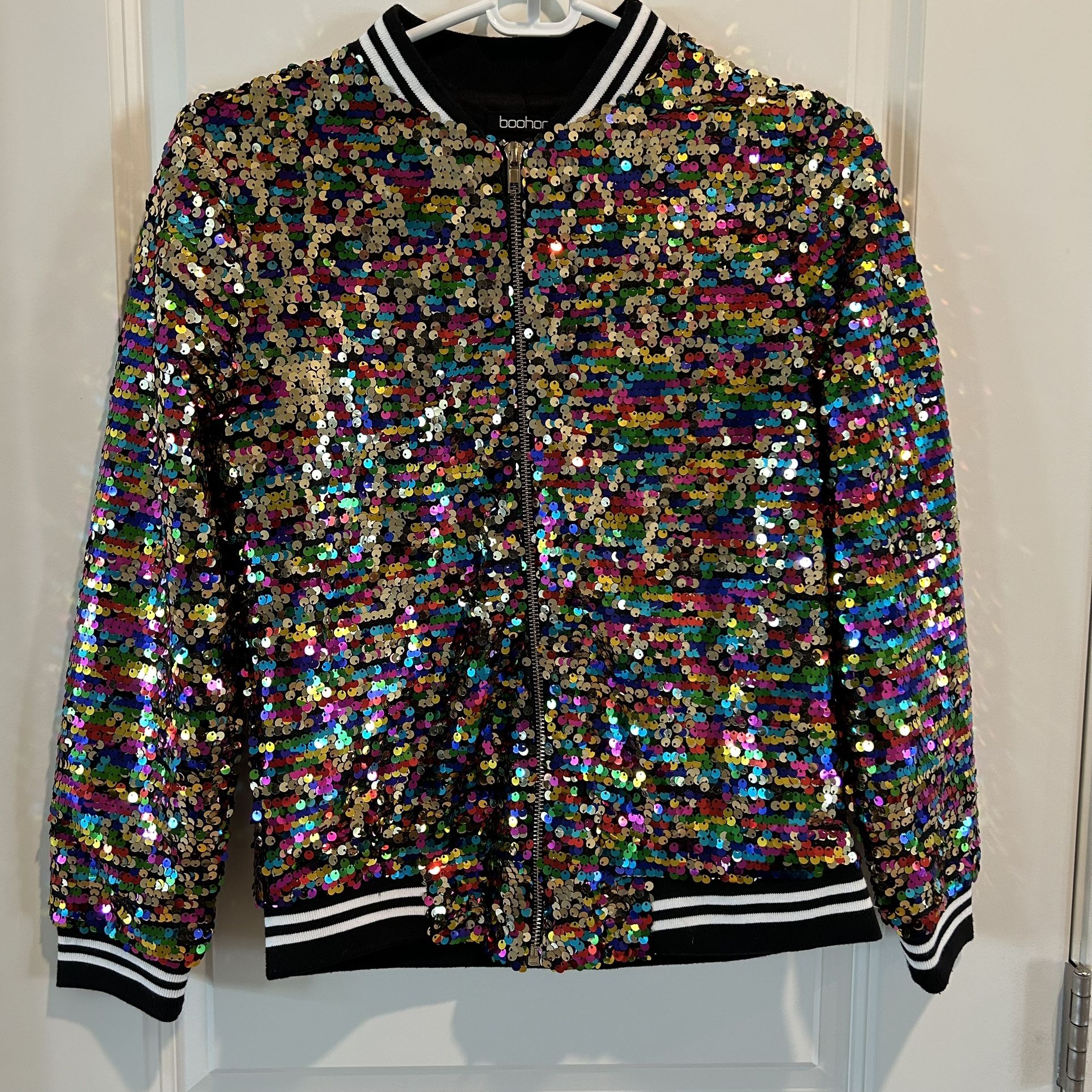 Boohoo Women Black-Gold Multi Colored Sequin Bomber Jacket  - Size 4