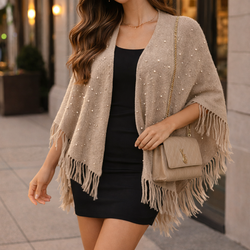 Pearl Fringe Poncho Sweater – Chic Date Night Wrap (One Size)