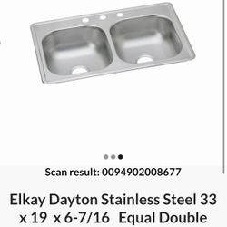 Brand New Elkay Dayton Stainless Steel 33x19 Equal Double Bowl Drop-in Kitchen Sink - Never Used 
