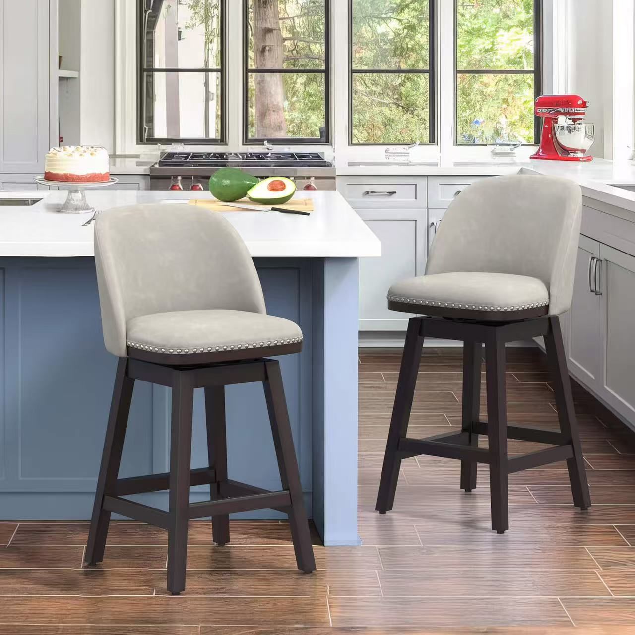 Swivel bar stools Set of 4, 26" Faux Leather Upholstered Counter Height Bar Stools with Back, Solid Wood Legs with footrest