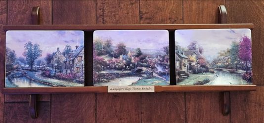 Thomas Kinkade Lamplight Village 3 Collector Plates with Wooden Display Frame