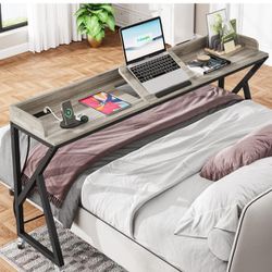 Mobile Overbed Table, 70.9" Queen Size Bed Table with Adjustable Tilt Board