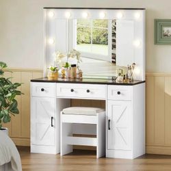 43.3'' Wide Makeup Vanity Dressing Table with Adjustable Lighted Mirror and Stool, Power Outlet