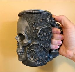 Dellamorteco Necromancer Skull Spine Handle Mug Resin Stainless Steel 16oz