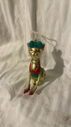 Vintage Hand Blown Glass Glittered Cat w/ Heels Christmas Ornament 5.5" Tall