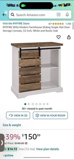 RYFFIRE Willa Modern Farmhouse Sliding Single Slat Door Storage Console