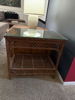 Vintage Wicker & Glass End Table – Boho Coastal Style