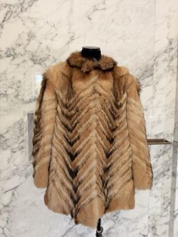 Vintage Genuine Fur Coat Chevron Pattern Brown Tan Size 40 ECHT PELZ Hong