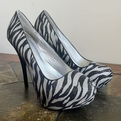 SHI Journey’s Sparkly Silver Black Zebra Print High Heels Platform Stilettos S9