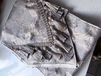 Silver Damask Decorative Pillow with Tassel Trim
