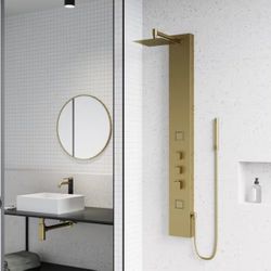 Rector 55 in. H x 6 in. W 2-Jet Shower Panel System with Square Head and Hand Shower Wand in Matte Brushed Gold