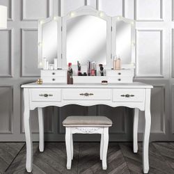 B53 Vintage Vanity Desk with Mirror and Lights, Tri-Folding Mirrors, 6 Organization 7 Drawers Makeup Dress Vanity Table with Cushioned Stool-White