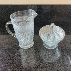 Antique Cut Glass Pitcher And Large Candy Dish With Lid