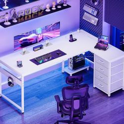 L Shaped Desk with 4 Tier Drawers, 61" Reversible Gaming Desk with Power Outlets, L Shaped Computer Desk with USB Charging Port and Host St
