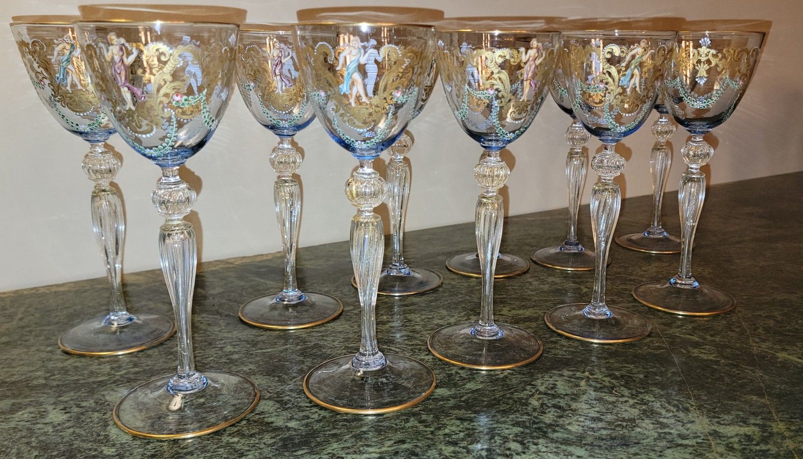 11 MURANO VENETIAN HAND PAINTED BLUE BLOWN GLASS WINE GLASSES 