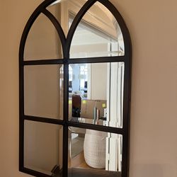 Pottery Barn Arched Window Mirror  -brown metal 20x30” Retails For $600