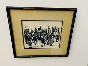 Eneias dos Santos (1(contact info removed)) renowned Brazilian artist-Guerrero-warrior dance-carnival woodblock print 1970’s