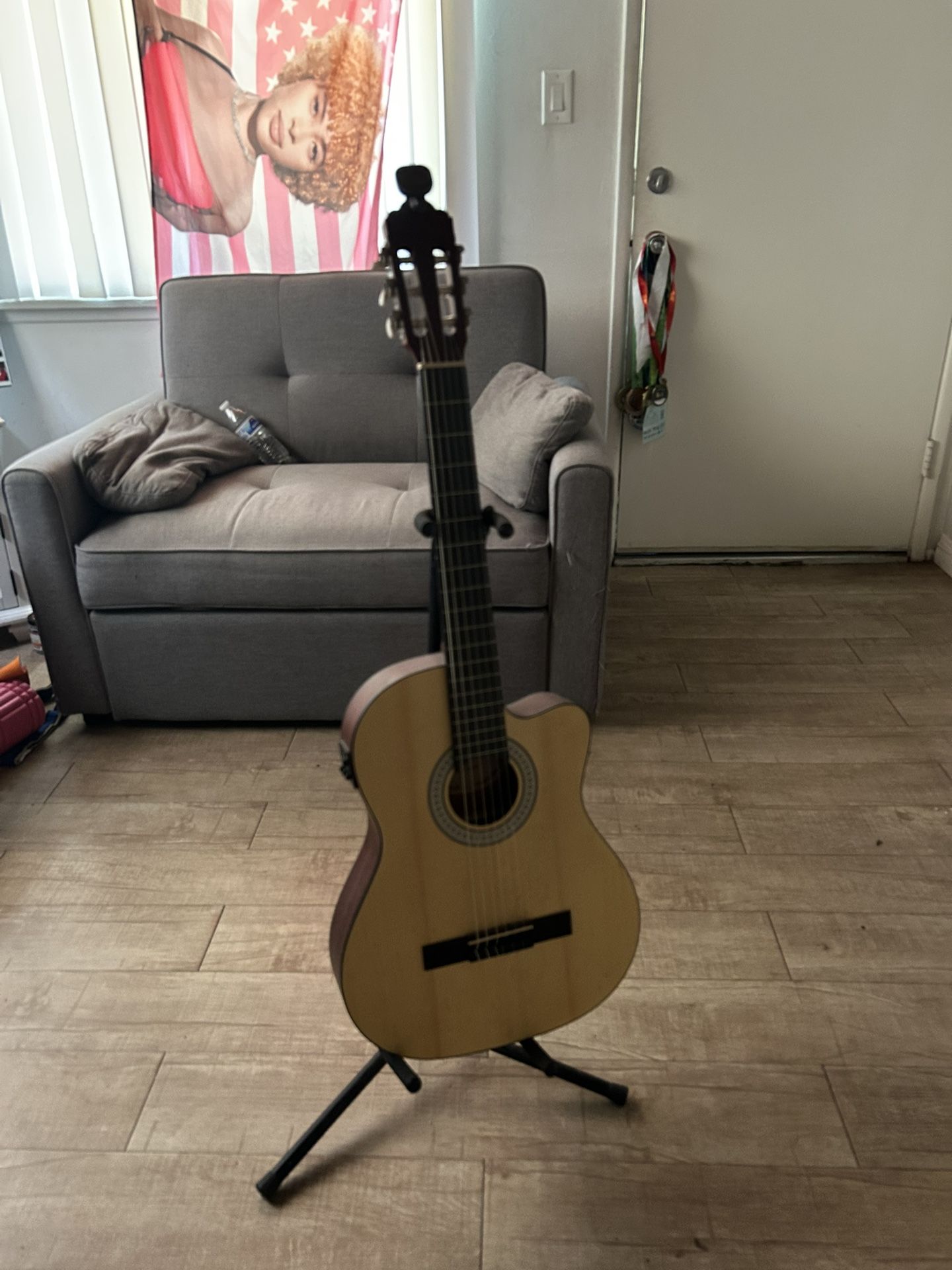 Acoustic Guitar + stand + yamaha guitar bag + electric tuner 