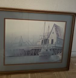 Vtg watercolor print Sailboat,ward Pier. Large 31.5”faux bamboo framed picture w glass