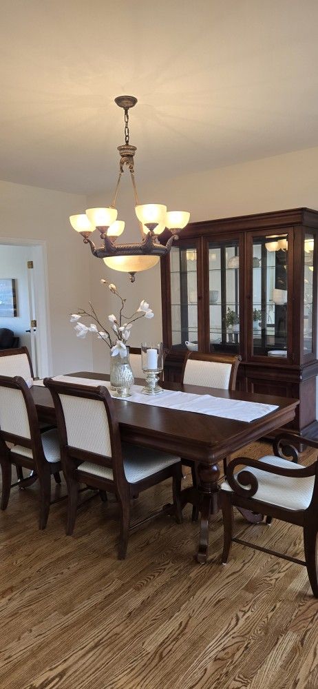 West Brothers Louis Phillippe Style Dark Cherry Finish Dining Room Table, 8 Chairs, And 2 Piece China Cabinet