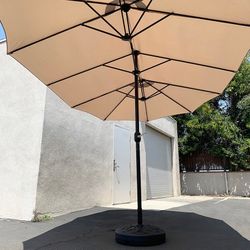 (NEW) $130 Large Double Sided Outdoor (15ft Umbrella and 65lbs Plastic Base set) Beige color