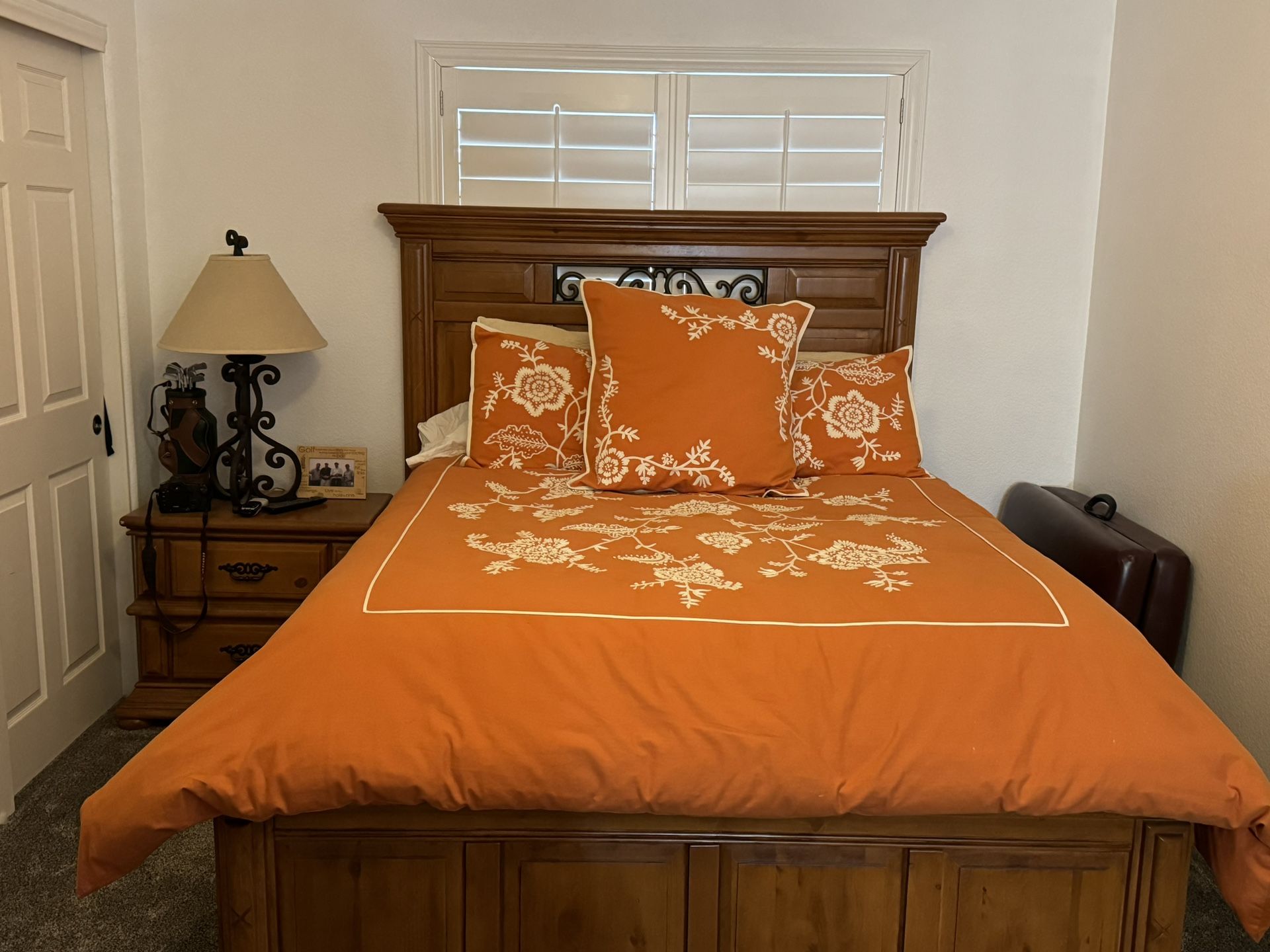Queen Bed with mattress and End Table and 6 Drawer Chest for Sale in