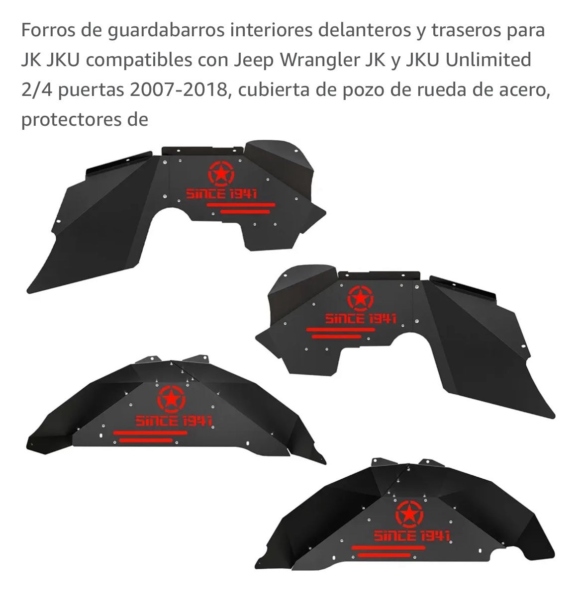 Forros de guardabarros interiores delanteros y traseros para JK JKU compatibles con Jeep Wrangler JK y JKU Unlimited 2/4 puertas 2007-2018, cubierta d