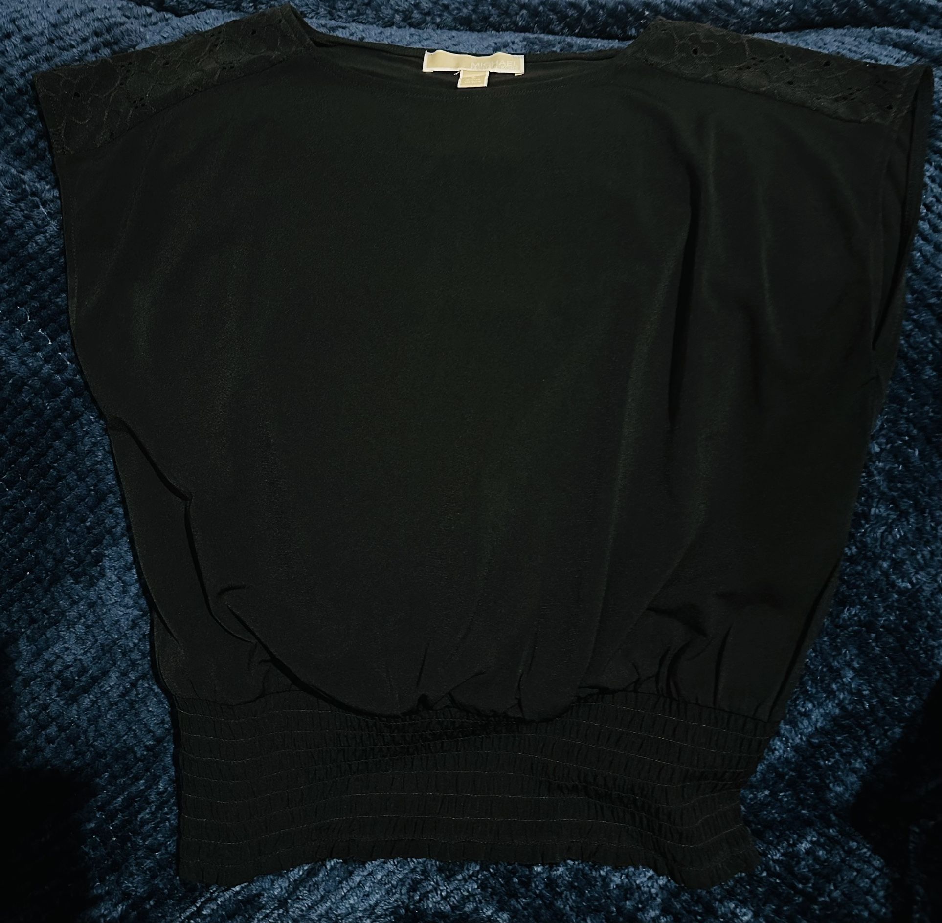 Michael Kors Black Blouse with Rouched Bottom and Lace Cap Sleeves