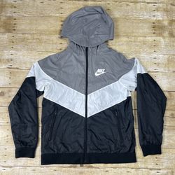 NIKE KIDS BOY Sz XL CV9342-056 Wind Runner Stripe Hooded Jacket Black White Grey