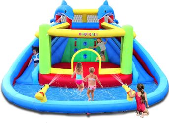 Inflatable Water Slide with Bounce House,Dolphin Styling,Splashing Pool,Double Water Cannon,Climbing Wall,Heavy Duty GFCI Blower,Inflatable Water Park