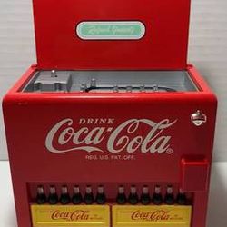 Vintage 1990's Die Cast Coca Cola Cooler Style Table Top Battery Operated Musical Vending Machine Plays Coca Cola Jingle Tune Like New 