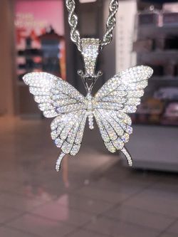 🦋 Iced out white gold filled pendant ROPE chain necklace CZs ! Doesn’t turn green