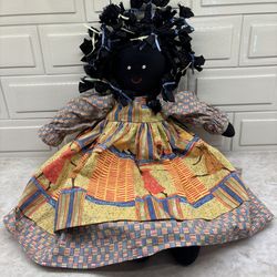 Vintage Folk Art Handmade Cloth 22” African American Doll