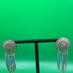 Vintage Sterling Silver Turquoise Stud Dangle 2 1/4” Long And 1” Wide The Middle Tassel On One Earring Is Broken Otherwise Good Condition 