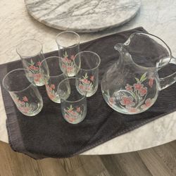Floral Glass Pitcher With 6 Matching Glasses