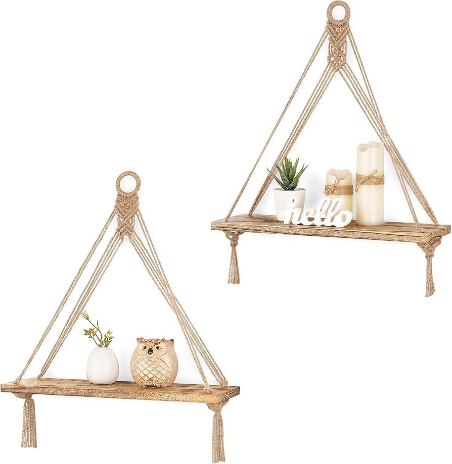 Set Of 2 Macrame Boho Shelf Floating New Decor