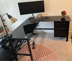 Glass top L-Shaped Desk w Built in Cabinet & Two Drawers