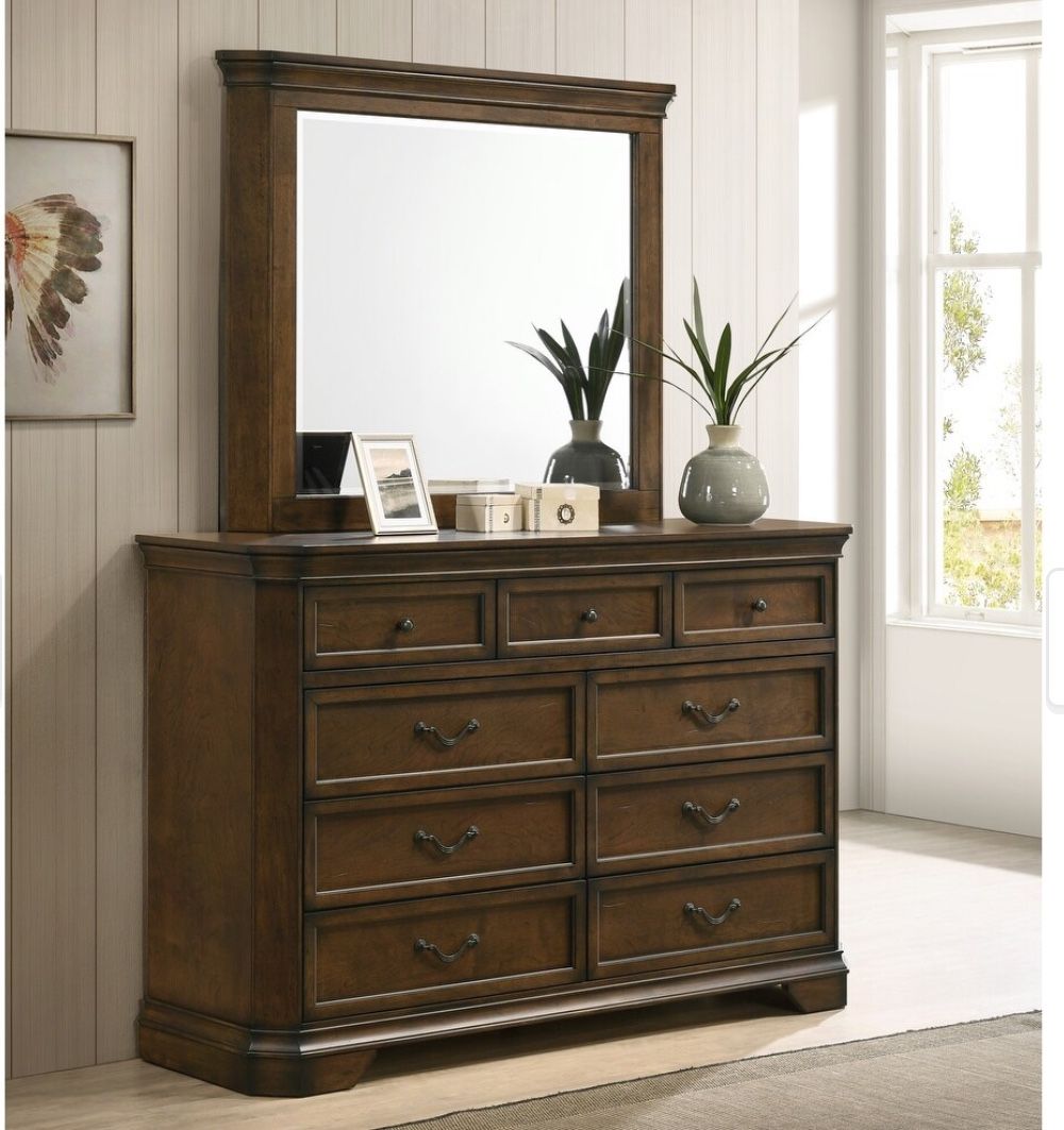 Ailany Wood 9 drawer Dresser Antique Walnut With Mirror