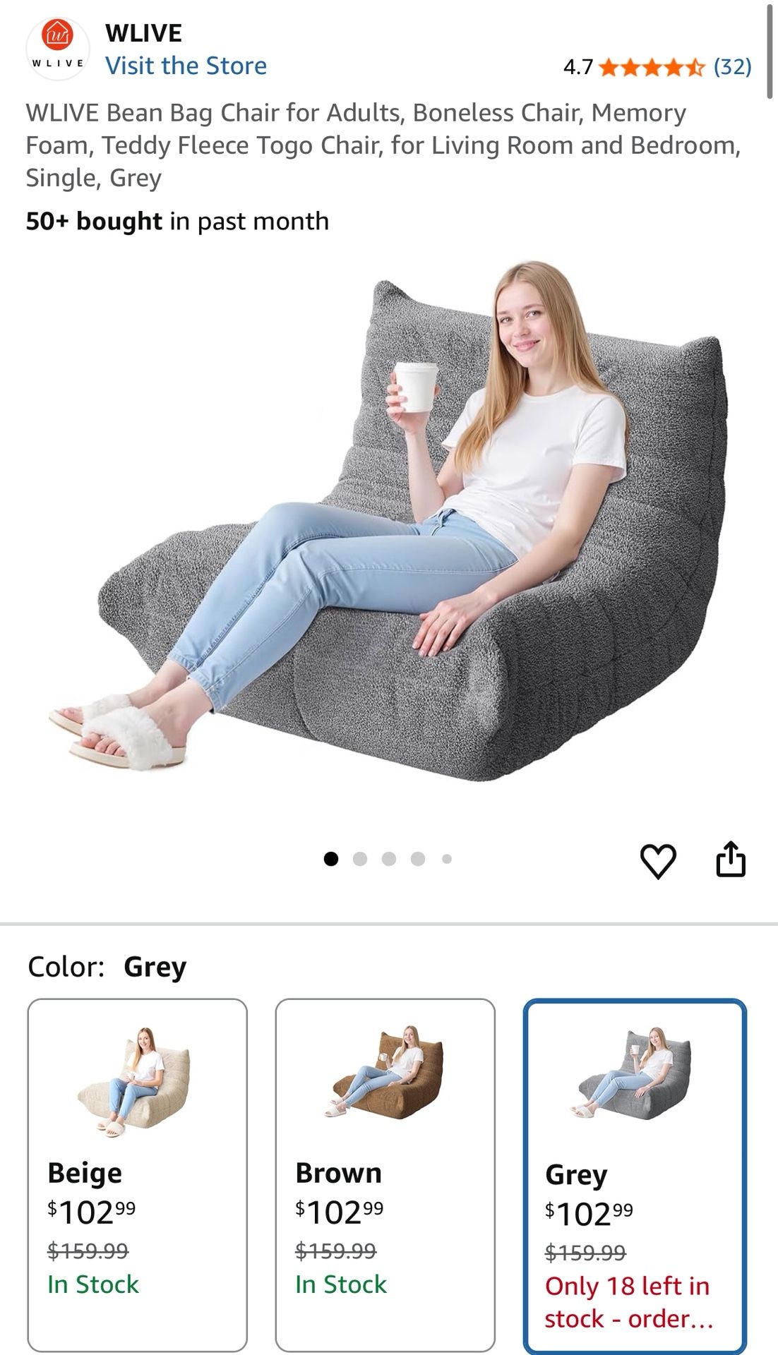 WLIVE Bean Bag Chair for Adults, Boneless Chair, Memory Foam, Teddy Fleece Togo Chair, for Living Room and Bedroom, Single, Grey