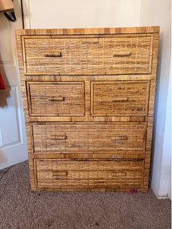 Vintage 1970s  Rattan Dresser with 5 Drawers