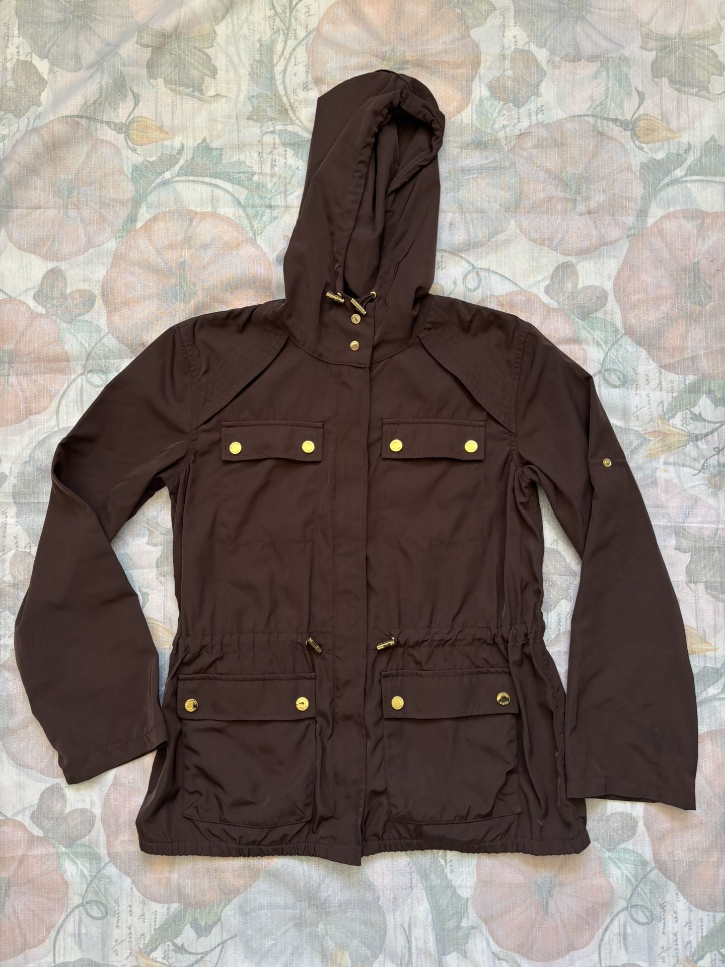 Michael Kors Outlet Woven Hooded Anorak Rain Jacket Coat Brown Women's X-Small