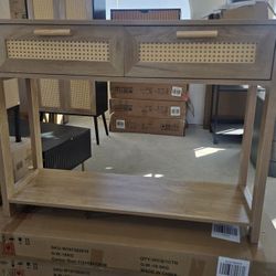 New Boho Rattan Console Entryway Table Small Narrow Sofa Hallway Table with Drawers & Open Storage